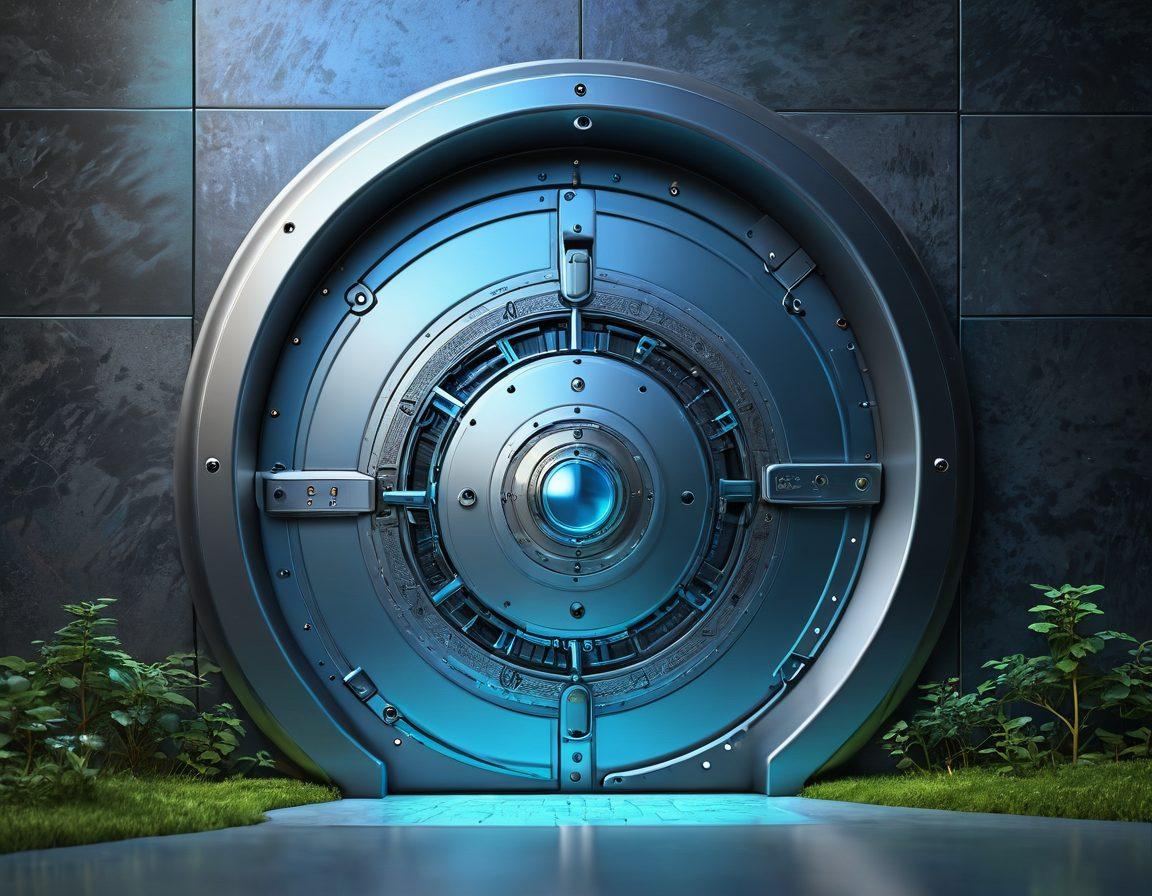 A conceptual representation of a secure vault surrounded by various digital and physical locks, symbolizing the transition from exclusivity to security. Incorporate elements like a shield and a fingerprint, emphasizing confidentiality. The background should have a blend of futuristic technology and serene nature to convey balance. Use cool colors to evoke a sense of calmness and protection. super-realistic. vibrant colors. 3D.