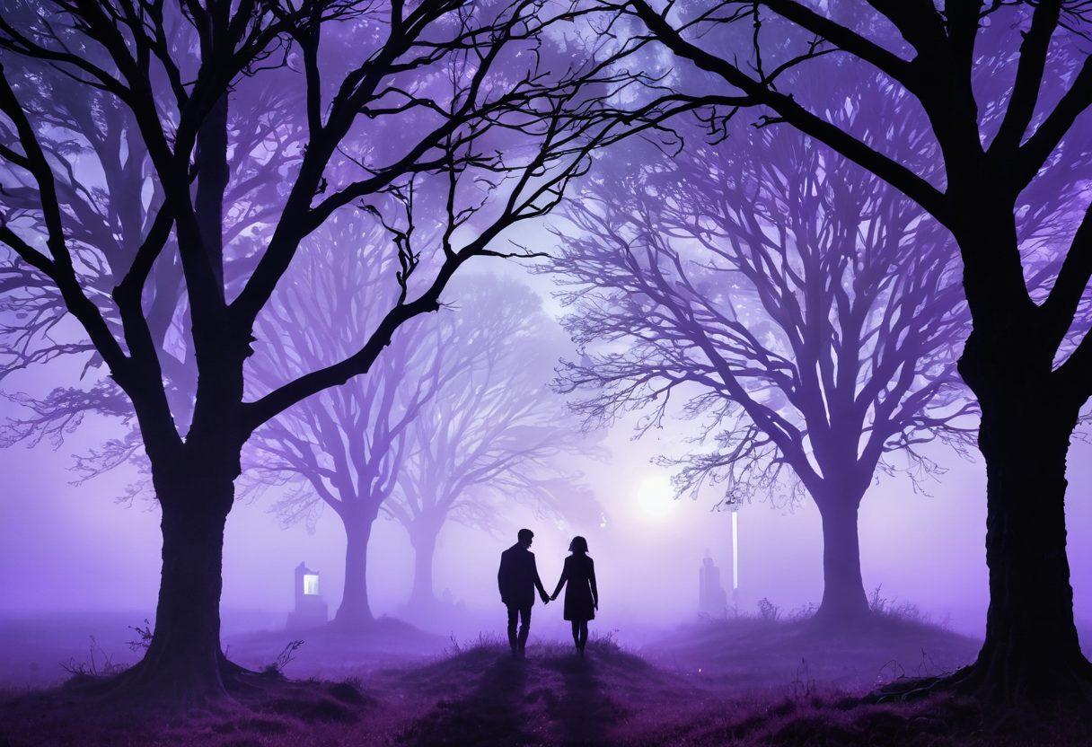 A mysterious landscape enveloped in fog, featuring silhouettes of a couple sharing an intimate moment while surrounded by encrypted symbols and digital locks. The background should have shadowy trees and a hint of purple and blue hues, symbolizing secrecy and protection. Include subtle glowing elements to represent hidden information and modern technology. surreal art style. vibrant colors.