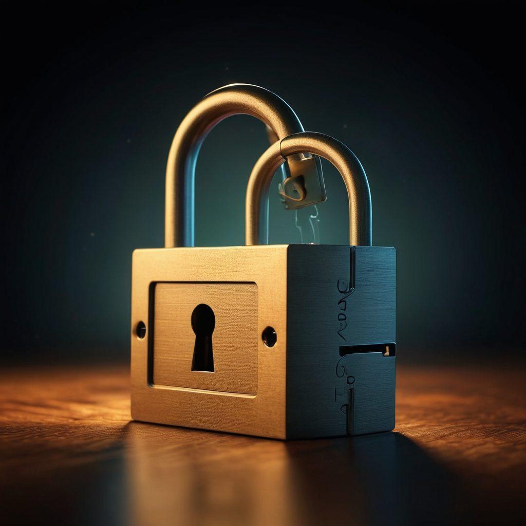 A mysterious key unlocking a glowing padlock amidst swirling shadows, symbolizing the secrets of confidentiality and privacy. In the background, subtle silhouettes represent individuals and digital devices, emphasizing the intersection of life and technology. The atmosphere conveys intrigue and security, with a soft focus on the key and lock. super-realistic. vibrant colors. dark background.